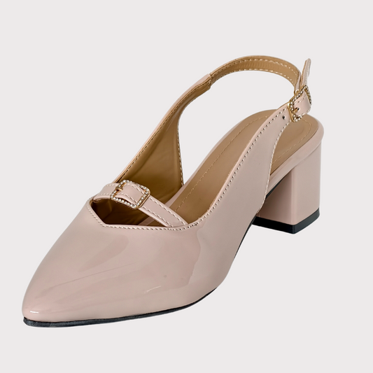 Glossy Nude Buckle Heels