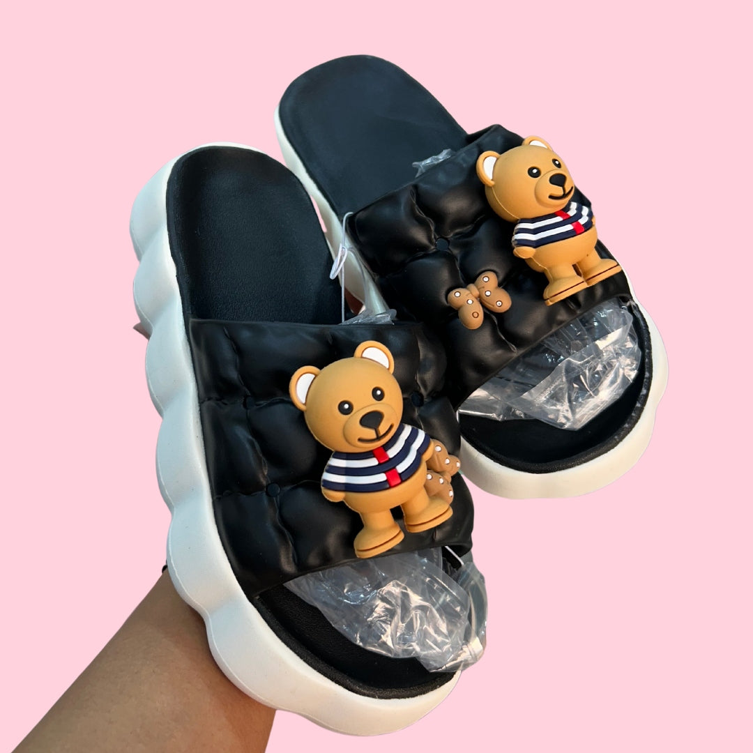 Black Teddy Bear Puffed Flip Flops