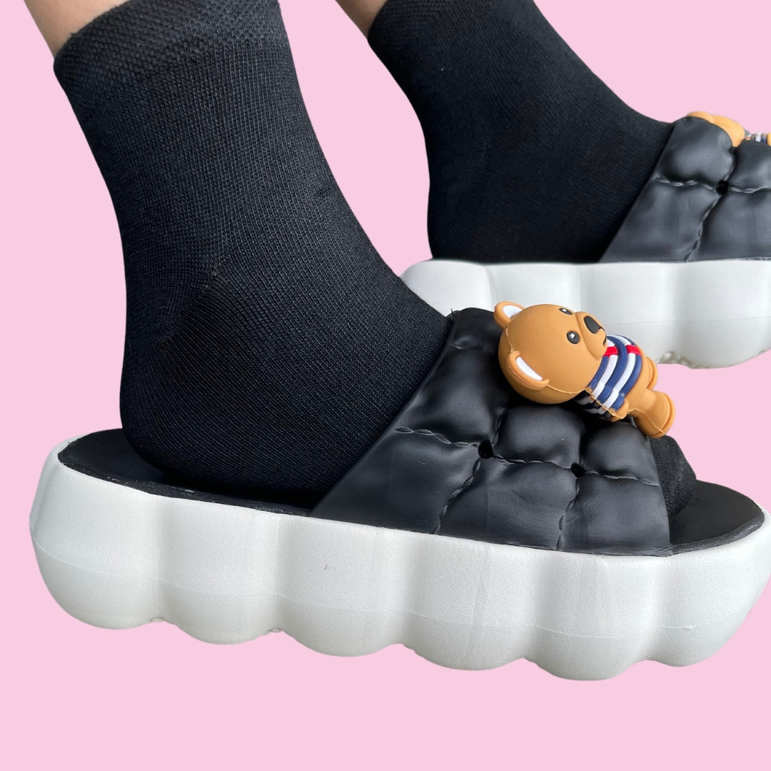 Black Teddy Bear Puffed Flip Flops