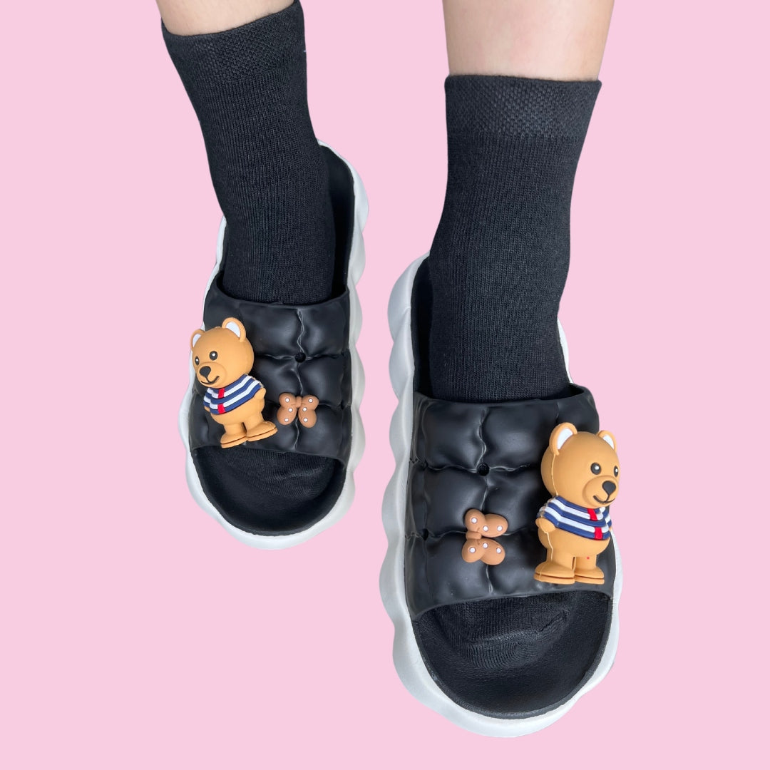 Black Teddy Bear Puffed Flip Flops