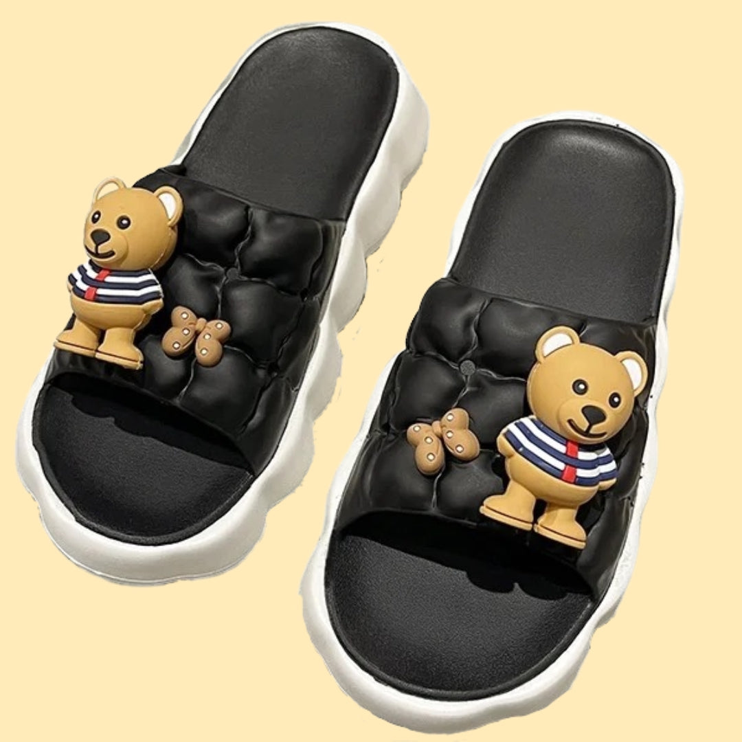 Black Teddy Bear Puffed Flip Flops