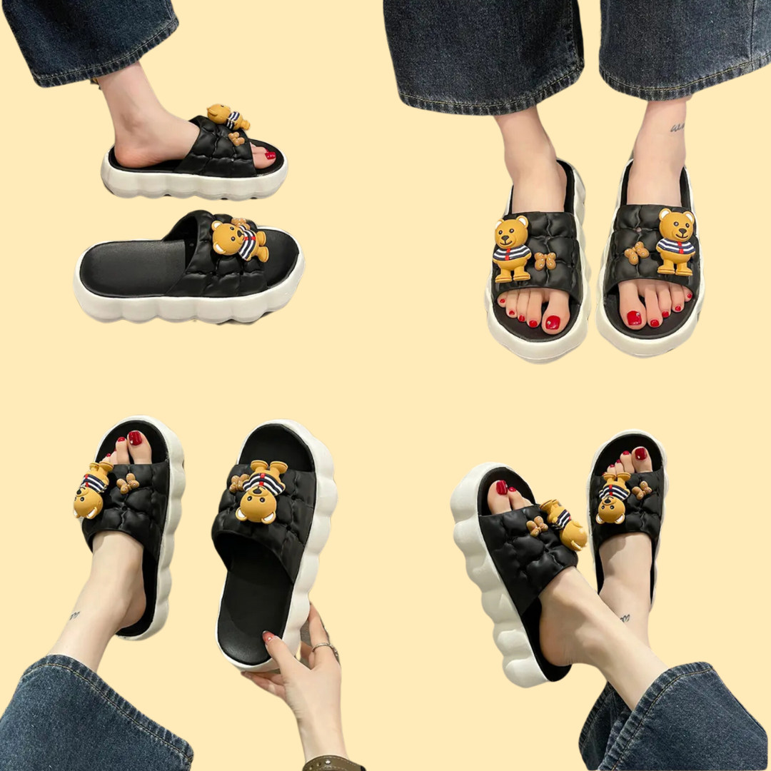 Black Teddy Bear Puffed Flip Flops