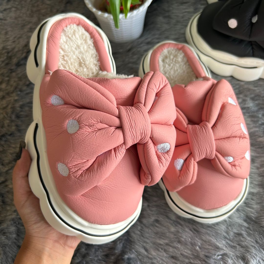 Polka Dotted Bow Fur Flip Flops