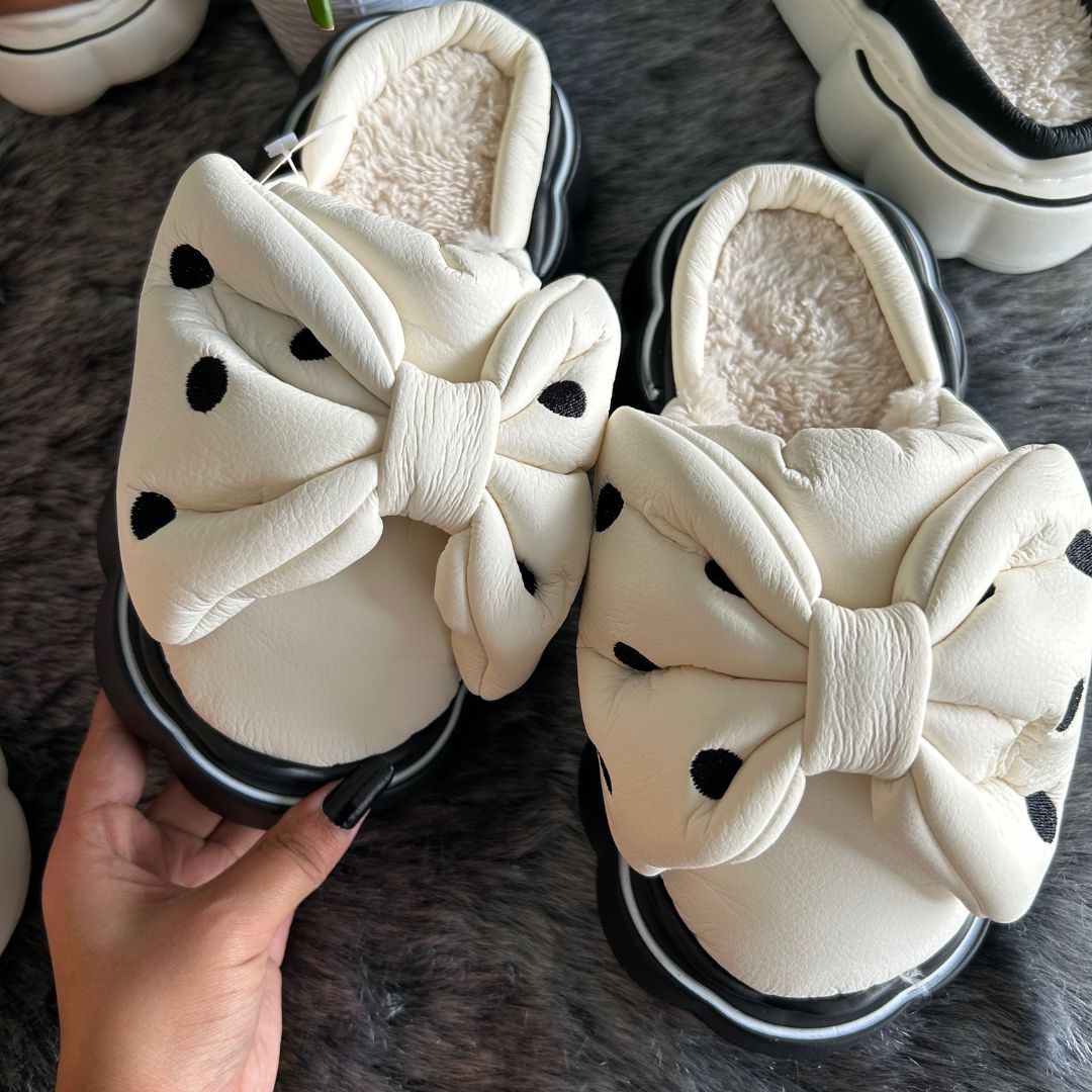 Polka Dotted Bow Fur Flip Flops