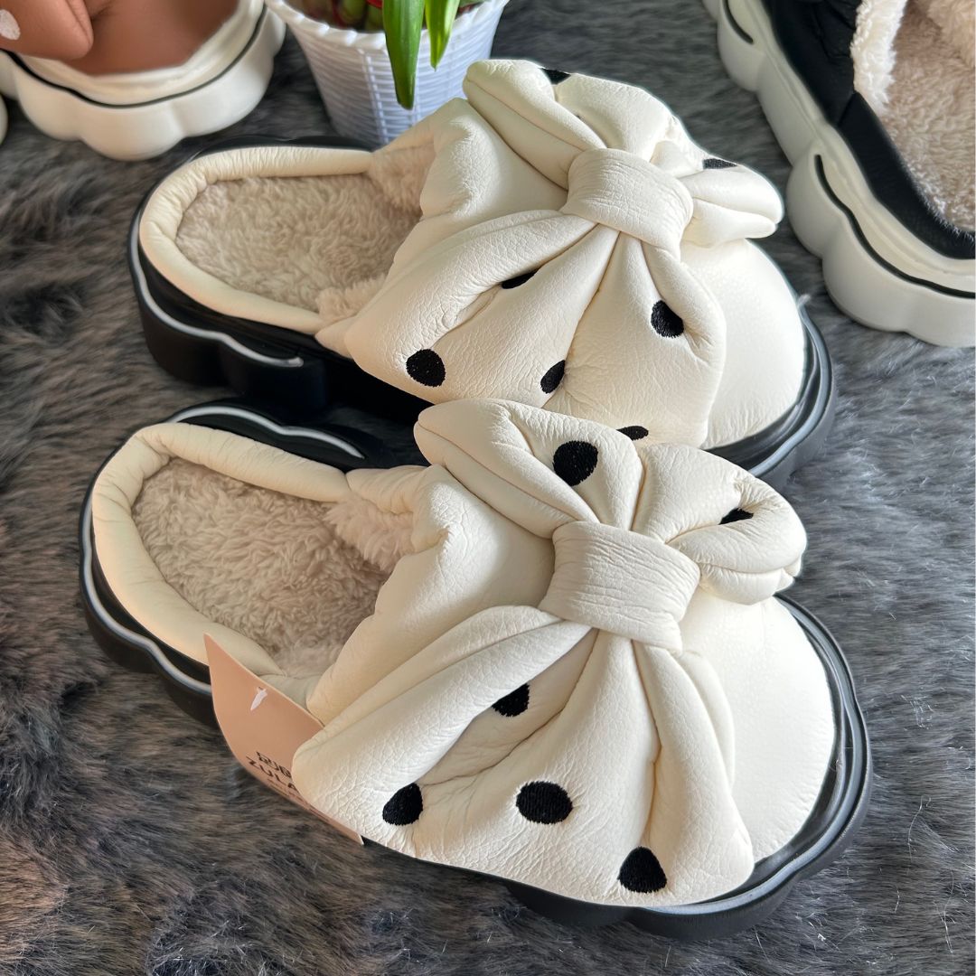 Polka Dotted Bow Fur Flip Flops