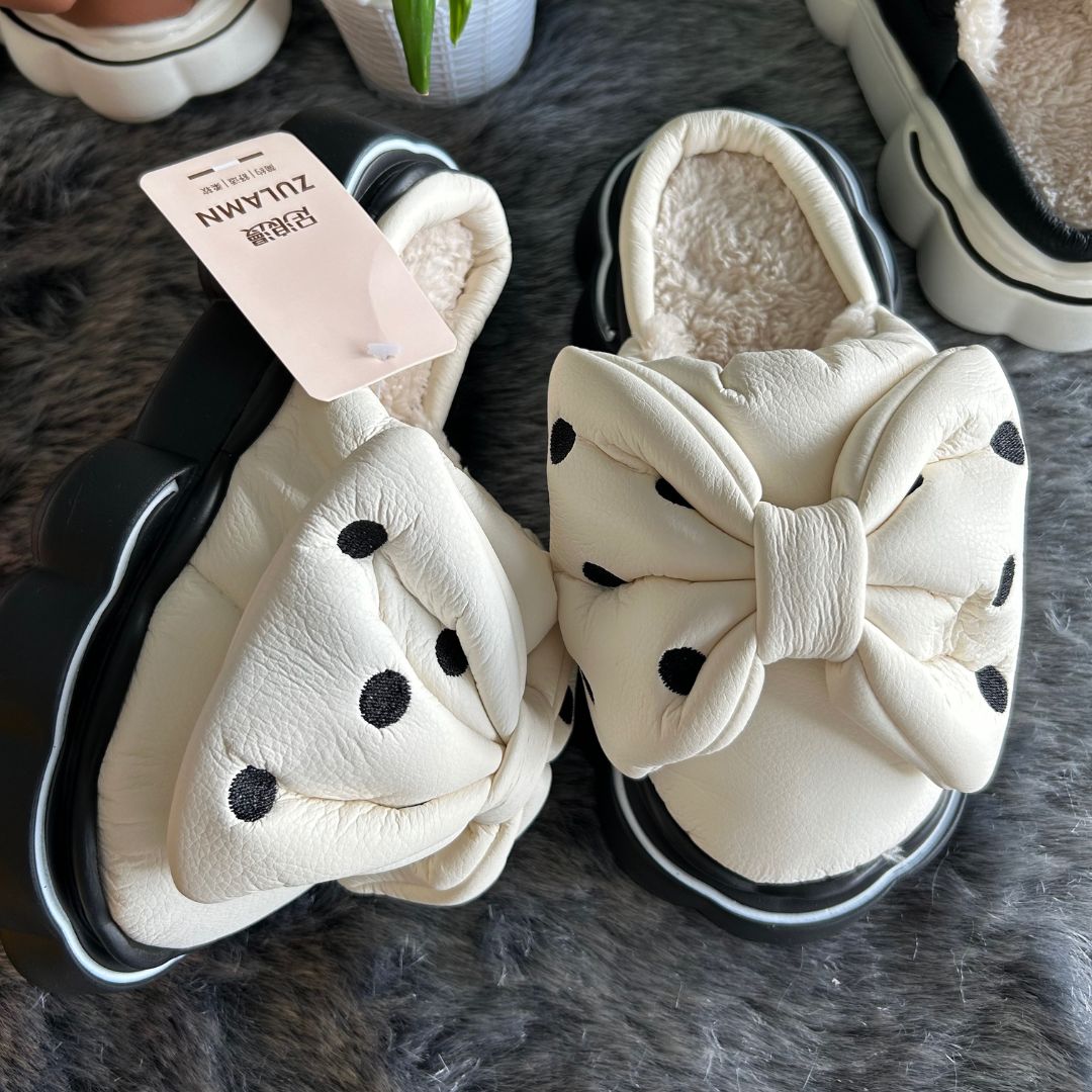 Polka Dotted Bow Fur Flip Flops