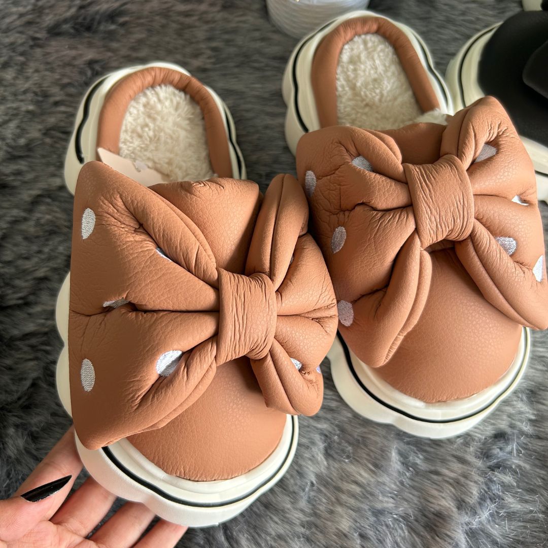 Polka Dotted Bow Fur Flip Flops